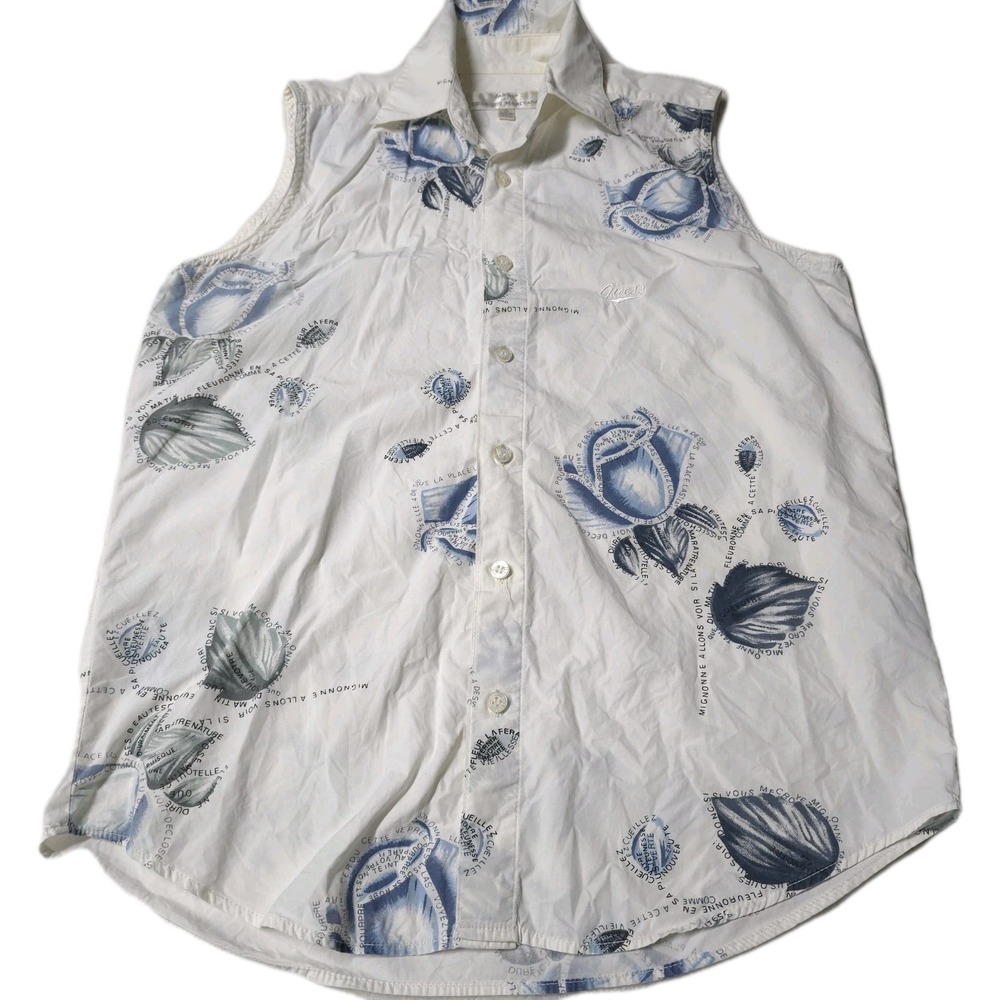 Vintage Guess by Georges Marciano Sleeveless Shirt Women S White Blue Floral...‎